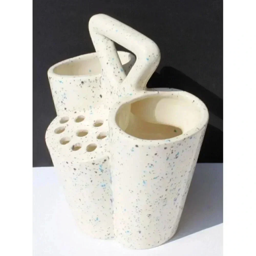 Vintage MCM 1980s Bud Vase Utensil Holder Glazed Splatter Ware 4 Sided White